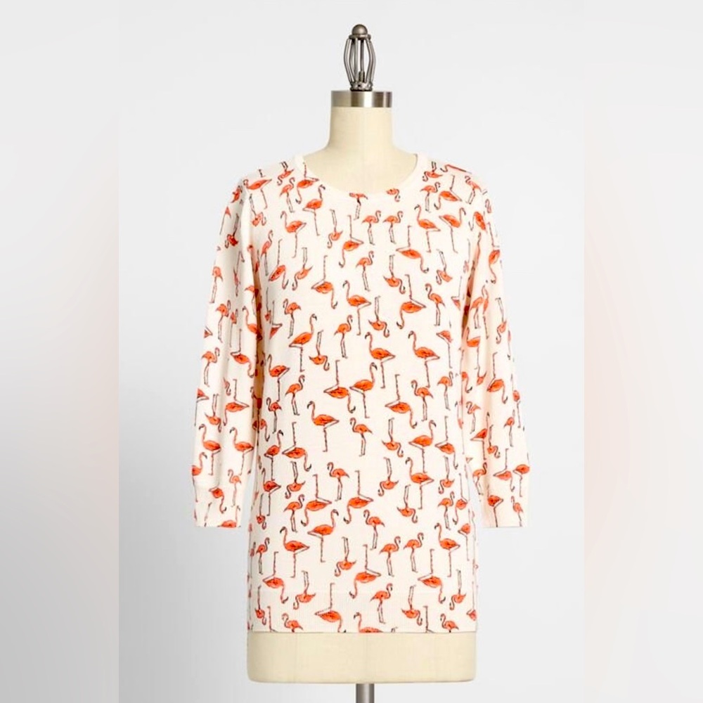 ModCloth Cream Flamingo Print 3/4 Sleeve Sweater. Size S. NWT.